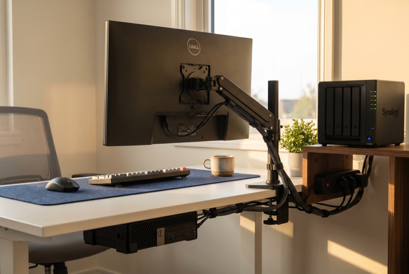 Dell UltraSharp monitor on an articulating arm beside a Synology DS923 NAS