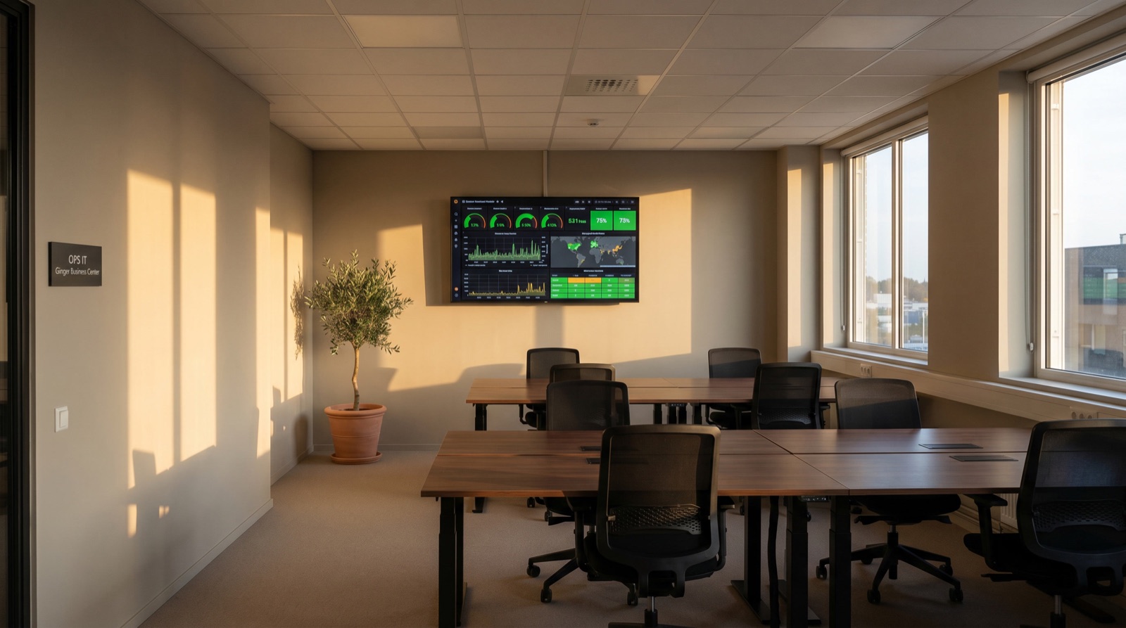 The OPS IT studio in Ginger Business Center, Dubai, neutral walls, dark wood desks, a wall-mounted network health dashboard and an olive tree in the corner