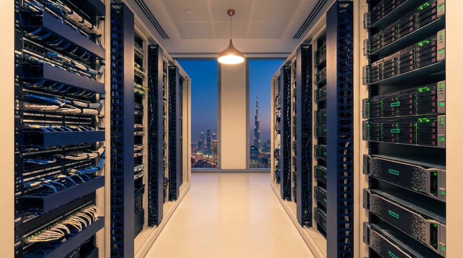 A modern OPS IT server room in a Dubai commercial tower at twilight, HPE ProLiant servers, neatly dressed cabling, warm pendant lighting