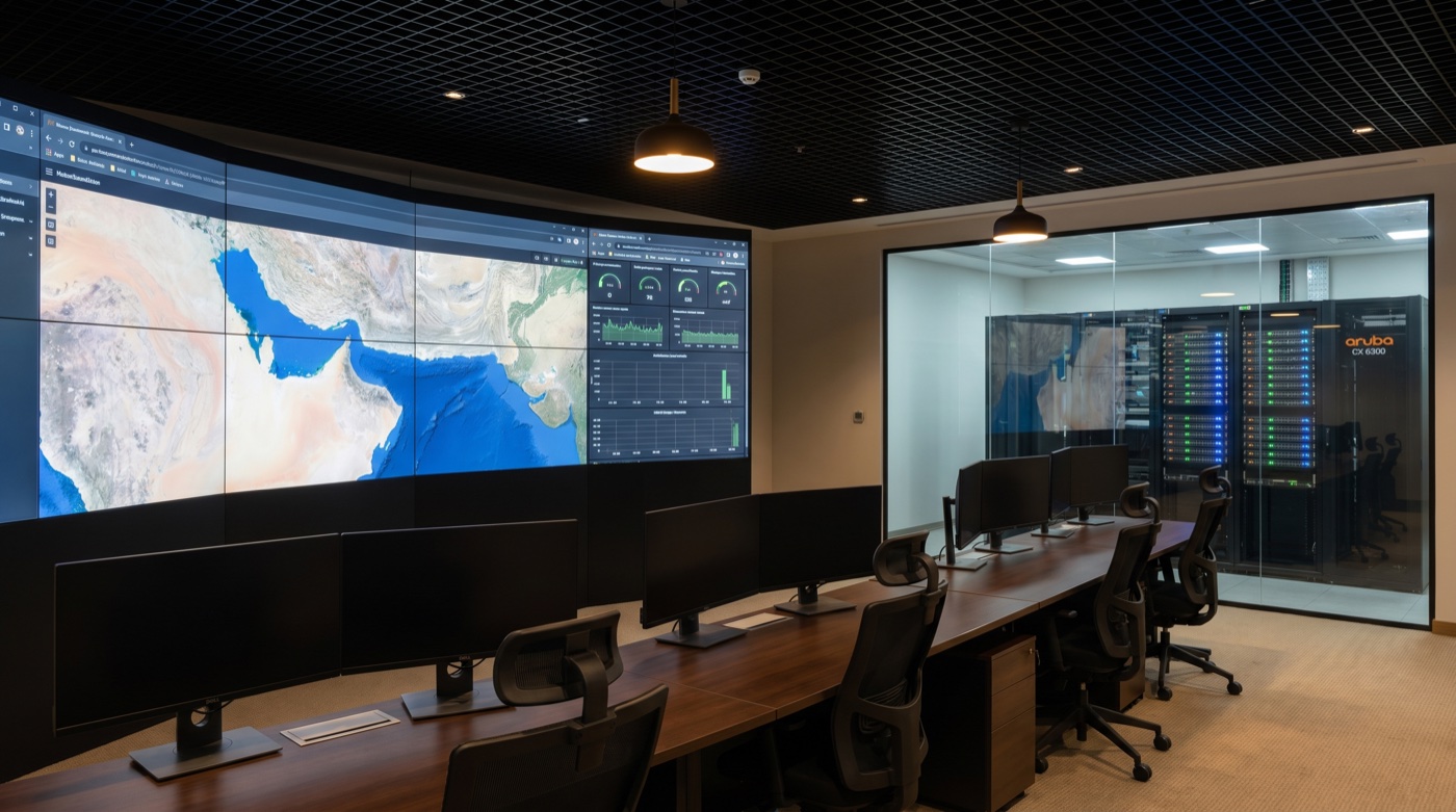 Abu Dhabi government operations centre with curved multi-display video wall showing a satellite map of the Arabian Peninsula, analyst desks and a glass-walled server room containing Aruba CX switches