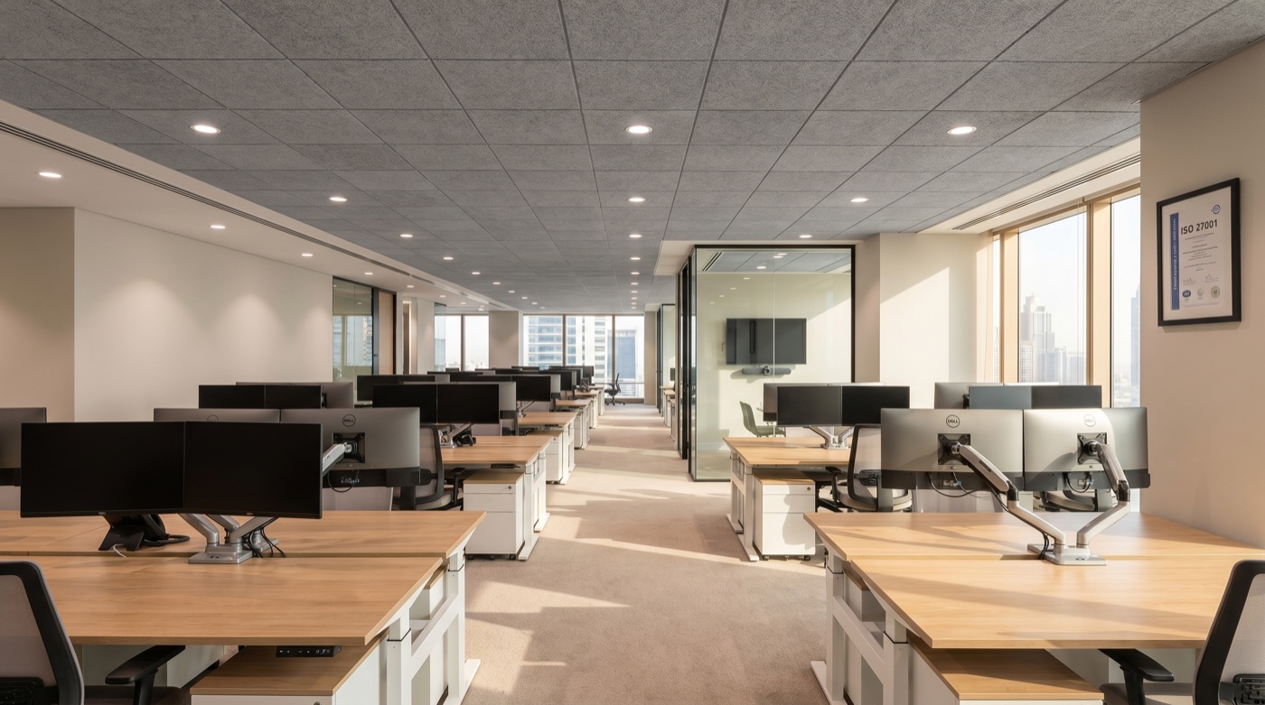Dubai consulting firm open-plan floor with rows of light-oak workstations, Dell monitors on arms, glass meeting pod with Logitech Rally bar, and a framed ISO 27001 certification on the side wall