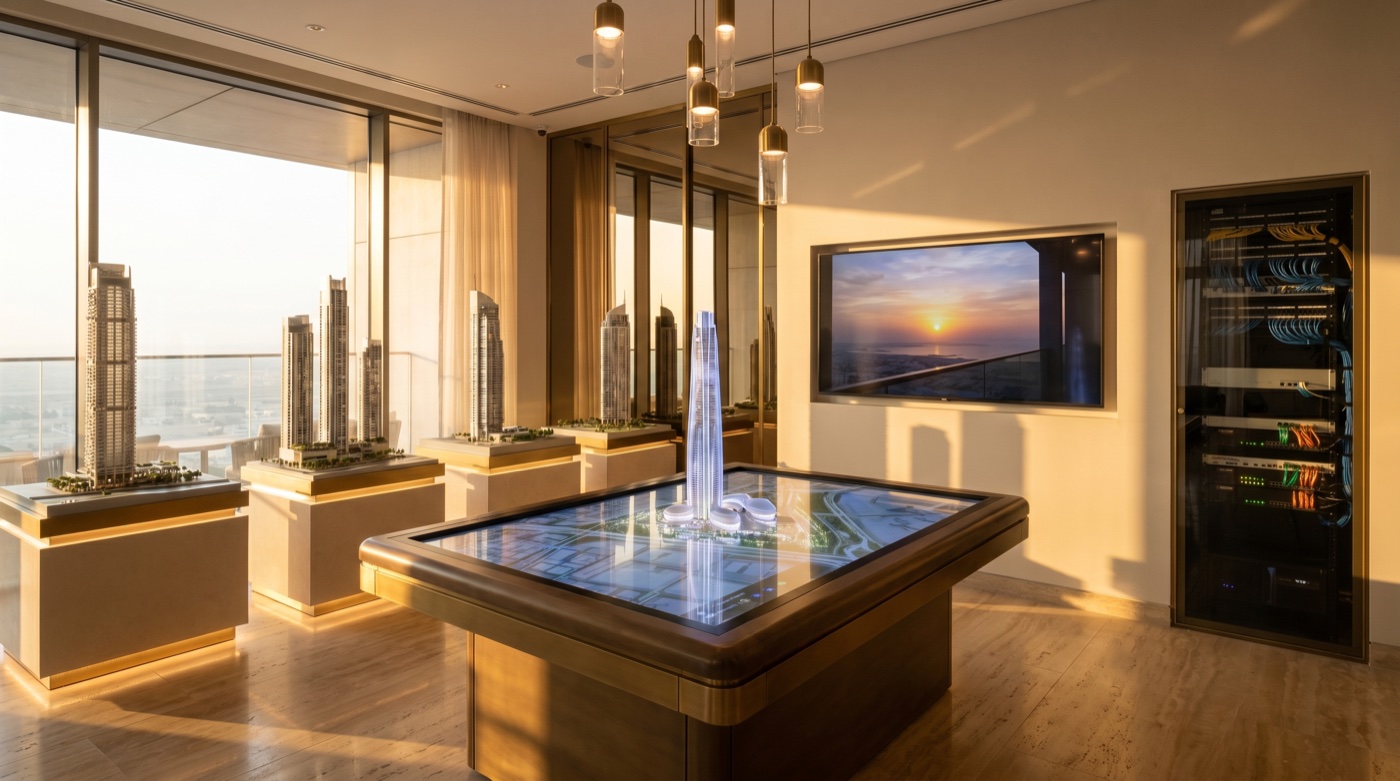 Dubai real-estate developer sales office at golden hour with interactive master-plan table, illuminated architectural tower models on plinths, and a marketing video playing on a wall-mounted display
