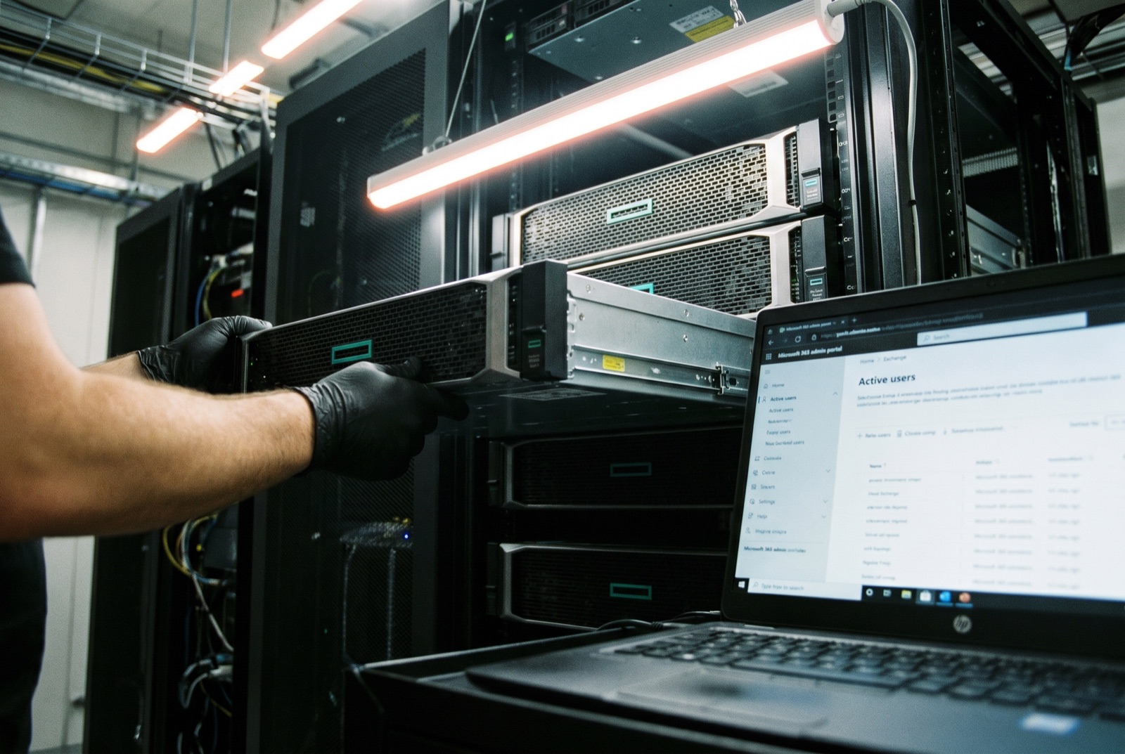 Engineer working on an HPE ProLiant server beside a Microsoft 365 admin portal