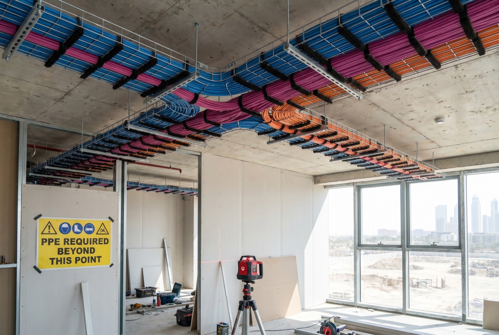 Engineering-grade floor fit-out in progress in a Dubai tower, dense Cat6A cable trays overhead, laser level on tripod, floor-to-ceiling glazing