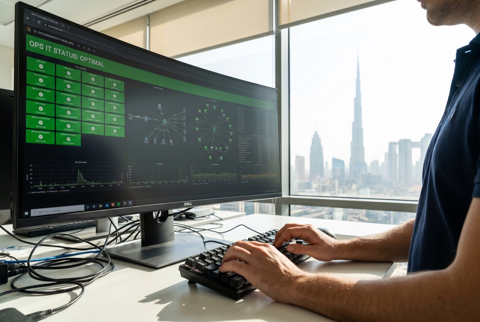 OPS IT engineer monitoring a client network from a stand-up NOC station