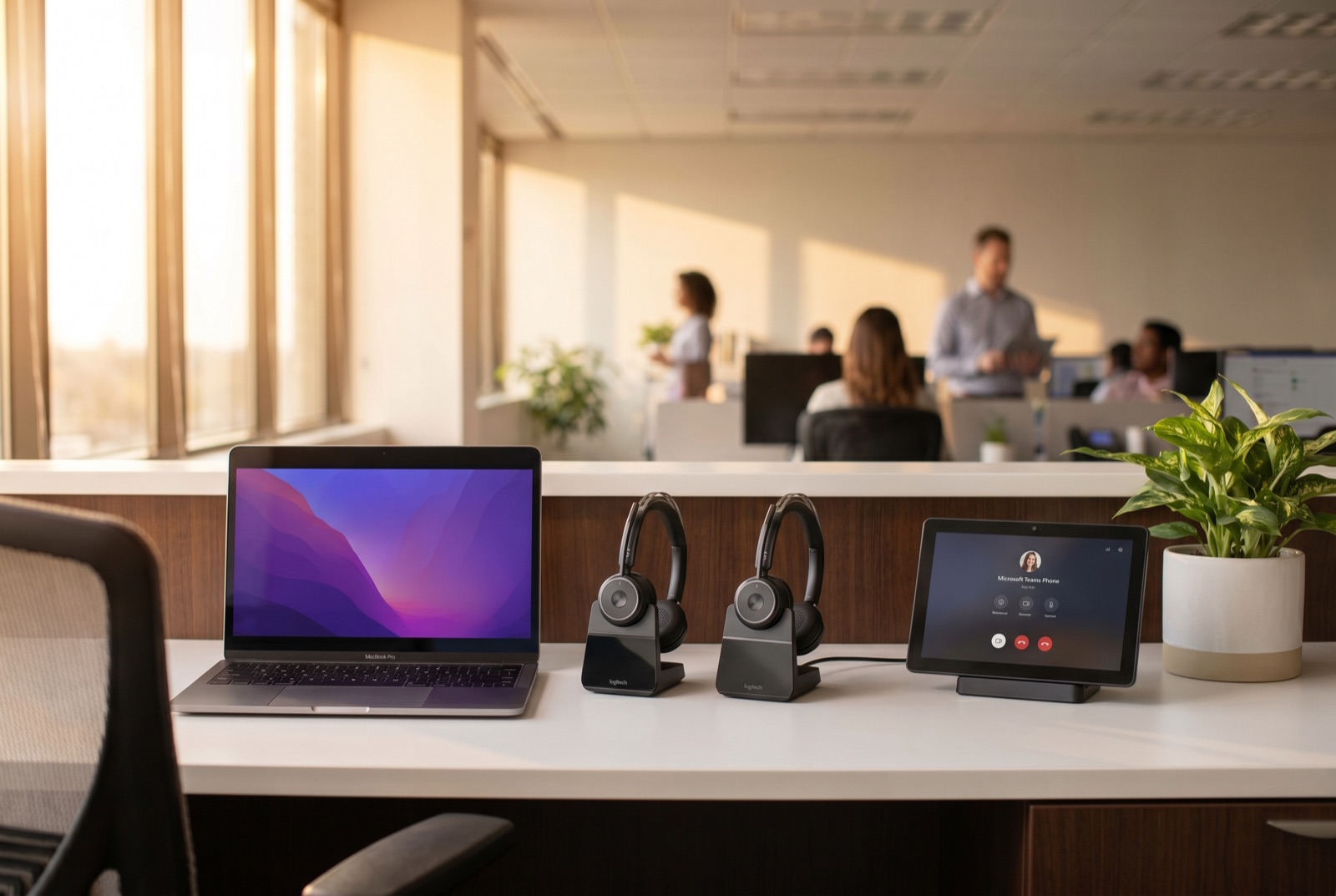Reception desk with Logitech Poly headsets and a Microsoft Teams Phone docked display